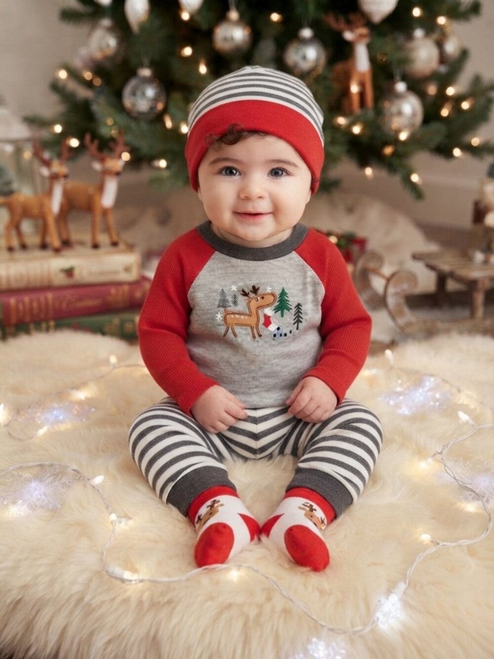CUTE! New Baby Essentials Christmas Holiday Outfit Reindeer & Stripes 4pc NWT